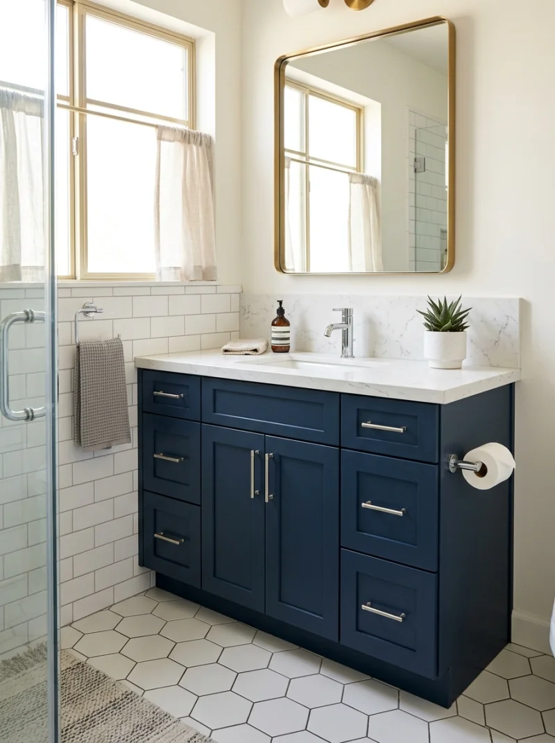 Blue bathroom vanity in a modern bathroom setting