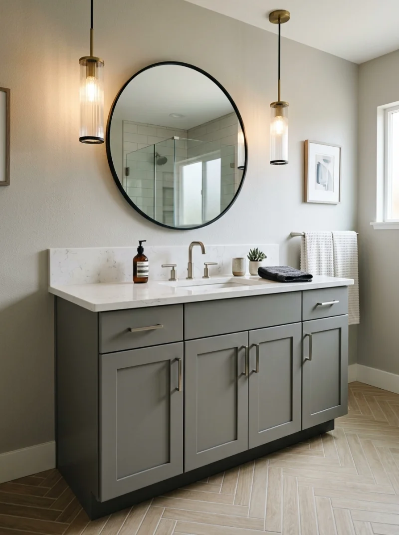 Grey bathroom vanity in a modern bathroom setting