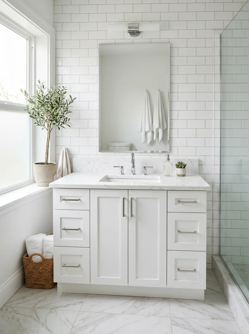 White bathroom vanity in a modern bathroom setting