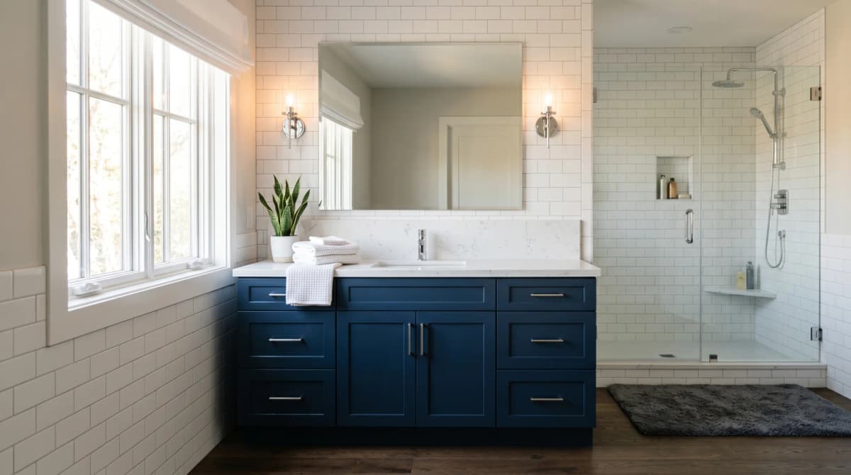 Modern bathroom with navy blue vanity, white quartz countertop, and subway tile